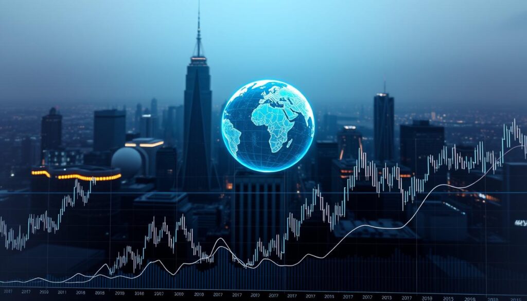 A data-driven analysis of the cryptocurrency market, presented in a sleek and modern style. In the foreground, a series of line graphs and candlestick charts, meticulously rendered, depicting the ebb and flow of digital asset prices. In the middle ground, a holographic globe rotates, showcasing the global reach and interconnectedness of the crypto ecosystem. The background features a subdued, yet striking cityscape, with skyscrapers and technological infrastructure casting a reflective, futuristic glow. The lighting is crisp and clean, highlighting the precision and sophistication of the financial analysis. The overall mood is one of technological prowess, data-driven decision-making, and the dynamic nature of the crypto market.