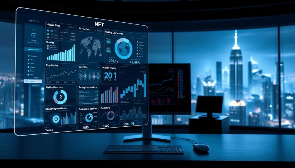 A data-driven visualization of digital collectibles analytics. In the foreground, a holographic display showcases interactive charts, graphs, and dashboards tracking NFT price fluctuations, trading volumes, and market trends. The middle ground features a sleek, minimalist workspace with a large monitor, keyboard, and mouse, hinting at the analytical processes behind the visuals. The background depicts a futuristic cityscape, with towering skyscrapers and glowing data centers, symbolizing the digital landscape in which these collectibles exist. The lighting is cool and subdued, creating a sense of technological sophistication. The overall scene conveys the power of data-driven insights to inform and guide decisions in the dynamic world of non-fungible tokens.