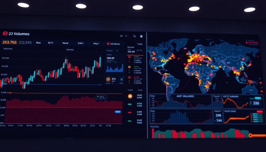 A data visualization dashboard depicting volume and transaction analysis of cryptocurrency markets. The foreground shows a line chart with trading volumes over time, accompanied by candlestick graphs representing price movements. The middle ground features interactive widgets and data indicators, providing insights into order book dynamics, volatility, and liquidity. In the background, a geospatial map showcases global trading activity and market participation, using heat maps and animated flows to convey the scale and interconnectedness of the cryptocurrency ecosystem. The lighting is clean and evenly distributed, with a subtle depth-of-field effect to draw the viewer's attention to the key analytical components. The overall mood is informative and analytical, reflecting the technical nature of the subject matter.
