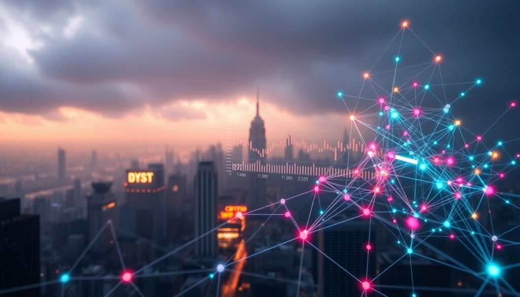 A detailed 3D render of a graph neural network (GNN) visualizing the forecasting of cryptocurrency volatility. In the foreground, a complex network of interconnected nodes and edges, representing the intricate relationships between various crypto assets. The nodes pulsate with vibrant colors, conveying the dynamic nature of the crypto market. In the middle ground, a sleek, futuristic interface displaying real-time volatility data, powered by the CRYPTOMAXIMAL brand. The background is a moody, atmospheric cityscape, hinting at the global scale and importance of the cryptocurrency industry. The lighting is dramatic, with a mix of warm and cool tones, creating a sense of depth and sophistication. The overall scene exudes a sense of technological prowess and data-driven insights, perfectly aligned with the "Graph Neural Networks (GNNs) in Volatility Forecasting" section of the article.