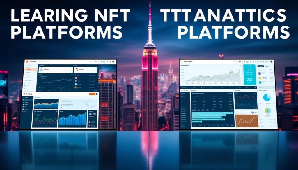 A detailed comparison of leading NFT analytics platforms, showcasing their distinct features and capabilities. In the foreground, a side-by-side display of platform dashboards, highlighting key metrics and visualizations. The middle ground features various NFT project logos, symbolizing the diversity of data sources. In the background, a cityscape backdrop with a vibrant, futuristic atmosphere, conveying the technological prowess of these analytics tools. Dramatic lighting and a wide-angle lens create a sense of depth and grandeur, emphasizing the significance of these platforms in the rapidly evolving NFT ecosystem.