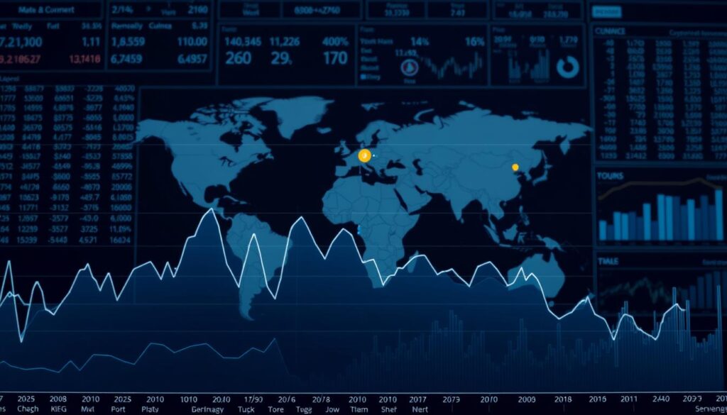 A detailed, data-driven visualization of cryptocurrency market trends and analysis. In the foreground, a dynamic line graph depicting the fluctuations of major cryptocurrency prices over time, rendered in a clean, minimalist style. The middle ground showcases a world map with regional market capitalization highlighted, visualizing the global adoption and distribution of cryptocurrencies. In the background, a subtle grid of numerical data and charts provides deeper insights into trading volumes, market dominance, and other key metrics. The overall composition conveys a sense of analytical depth and data-driven decision making, with a color palette of cool blues and grays to evoke a professional, financial atmosphere.