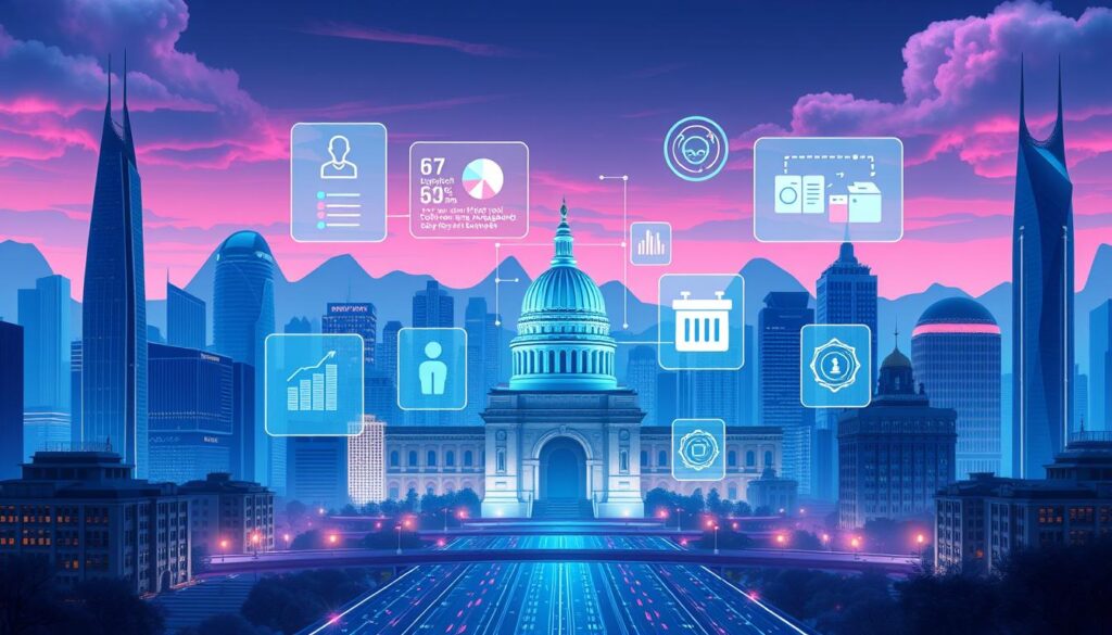 A detailed, dynamic illustration of blockchain governance applications. A futuristic cityscape serves as the backdrop, with towering skyscrapers and a vibrant, neon-tinged skyline. In the foreground, a holographic display showcases various blockchain-powered government services, such as secure digital identity management, transparent public records, and decentralized voting systems. Sleek, minimalist UI elements and floating data visualizations convey the technological sophistication of these applications. The scene is bathed in a cool, blue-tinted lighting, creating a sense of innovation and progress. The overall atmosphere is one of cutting-edge technology seamlessly integrated into the civic infrastructure, hinting at the transformative potential of blockchain for government.