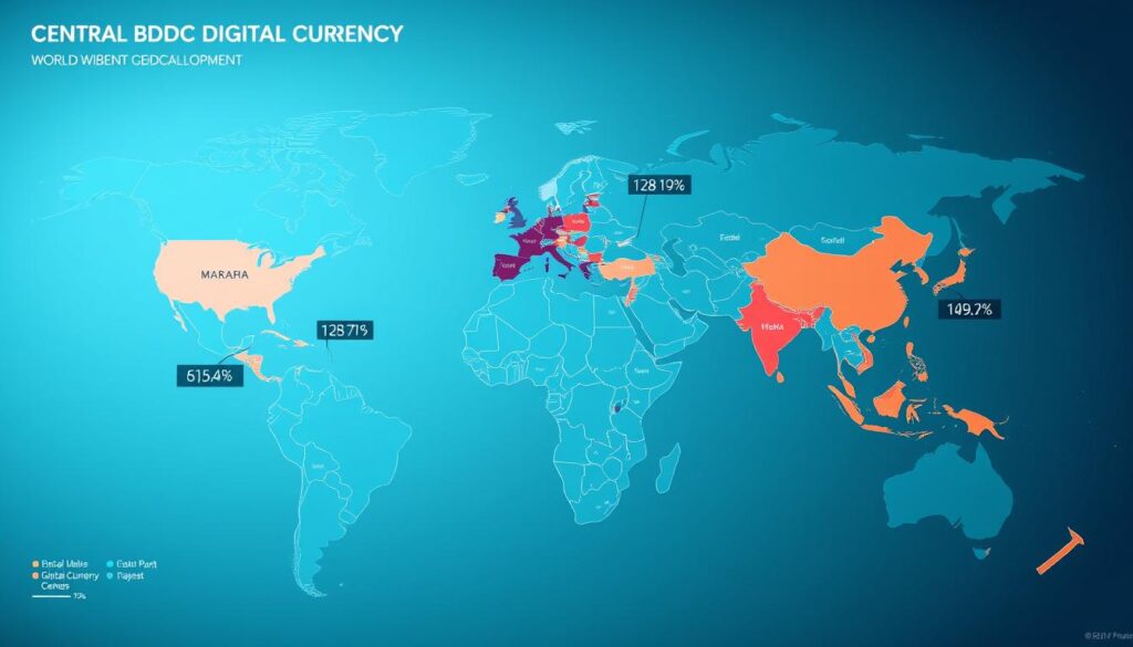 A detailed, global map of the world, showcasing the progress of central bank digital currency development. The continents and countries are clearly defined, with vibrant colors and distinct borders. The image has a sleek, futuristic aesthetic, bathed in cool, muted tones that convey a sense of technological advancement. The perspective is slightly elevated, giving a panoramic view that highlights the interconnectedness of the global financial landscape. Subtle, data-driven overlays provide insights into the various stages of CBDC adoption, allowing the viewer to quickly grasp the current state of this transformative financial innovation on a worldwide scale.