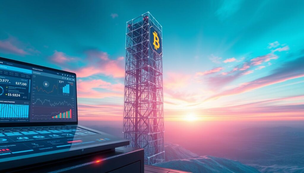 A detailed, high-resolution 3D rendering of a cutting-edge blockchain platform. The foreground features a sleek, futuristic interface with interactive data visualizations, blockchain transaction details, and a prominent blockchain logo. The middle ground showcases a towering, crystalline blockchain node infrastructure, with intricate blockchain data flows and holographic smart contract overlays. The background depicts a vast, minimalist landscape with a vivid, color-shifting sky, creating an awe-inspiring, technologically-advanced atmosphere. Realistic lighting, depth of field, and cinematic camera angles convey the power and sophistication of the blockchain system.