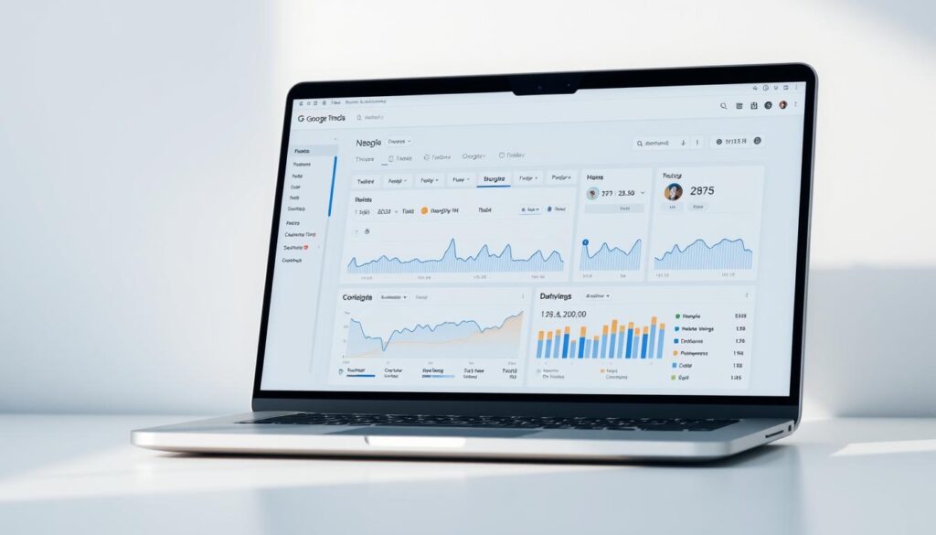 A detailed, high-resolution data visualization of Google Trends analysis for the cryptocurrency market. A sleek, modern dashboard displays real-time data, charts, and interactive graphs on a laptop screen. The display shows the relative search interest over time for various cryptocurrency-related keywords, highlighting the correlation between public sentiment and market trends. Soft, directional lighting from the side creates depth and highlights the digital display. The scene has a clean, minimalist aesthetic, with the laptop set against a plain, neutral background to focus attention on the analysis interface.