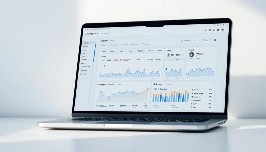 A detailed, high-resolution data visualization of Google Trends analysis for the cryptocurrency market. A sleek, modern dashboard displays real-time data, charts, and interactive graphs on a laptop screen. The display shows the relative search interest over time for various cryptocurrency-related keywords, highlighting the correlation between public sentiment and market trends. Soft, directional lighting from the side creates depth and highlights the digital display. The scene has a clean, minimalist aesthetic, with the laptop set against a plain, neutral background to focus attention on the analysis interface.