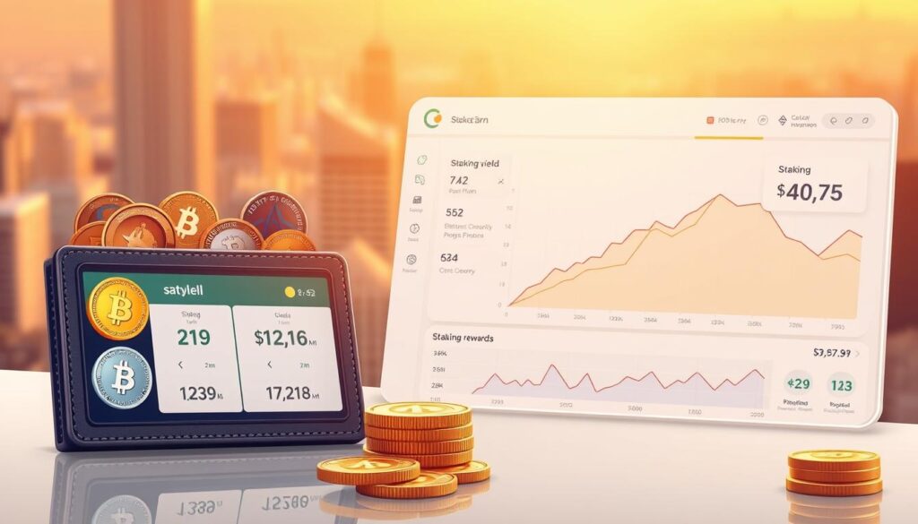 A detailed, high-resolution illustration of staking rewards in a crypto earn program. In the foreground, a digital wallet displays various cryptocurrencies and their associated staking yields. The middle ground showcases a clean, minimalist interface with interactive charts and graphs, depicting the growth of staking rewards over time. The background features a blurred cityscape, hinting at the integration of crypto earn programs into the broader financial landscape. The scene is bathed in a warm, golden light, conveying a sense of profitability and financial security. The overall composition is clean, modern, and visually appealing, effectively communicating the mechanics of how crypto earn programs generate passive income.