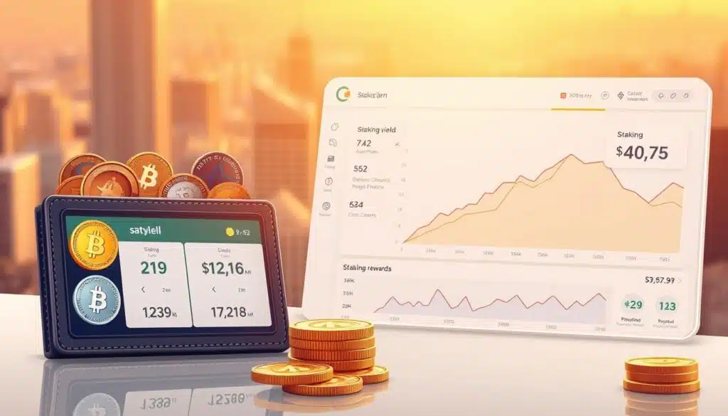 A detailed, high-resolution illustration of staking rewards in a crypto earn program. In the foreground, a digital wallet displays various cryptocurrencies and their associated staking yields. The middle ground showcases a clean, minimalist interface with interactive charts and graphs, depicting the growth of staking rewards over time. The background features a blurred cityscape, hinting at the integration of crypto earn programs into the broader financial landscape. The scene is bathed in a warm, golden light, conveying a sense of profitability and financial security. The overall composition is clean, modern, and visually appealing, effectively communicating the mechanics of how crypto earn programs generate passive income. A detailed, high-resolution illustration of staking rewards in a crypto earn program. In the foreground, a digital wallet displays various cryptocurrencies and their associated staking yields. The middle ground showcases a clean, minimalist interface with interactive charts and graphs, depicting the growth of staking rewards over time. The background features a blurred cityscape, hinting at the integration of crypto earn programs into the broader financial landscape. The scene is bathed in a warm, golden light, conveying a sense of profitability and financial security. The overall composition is clean, modern, and visually appealing, effectively communicating the mechanics of how crypto earn programs generate passive income.
