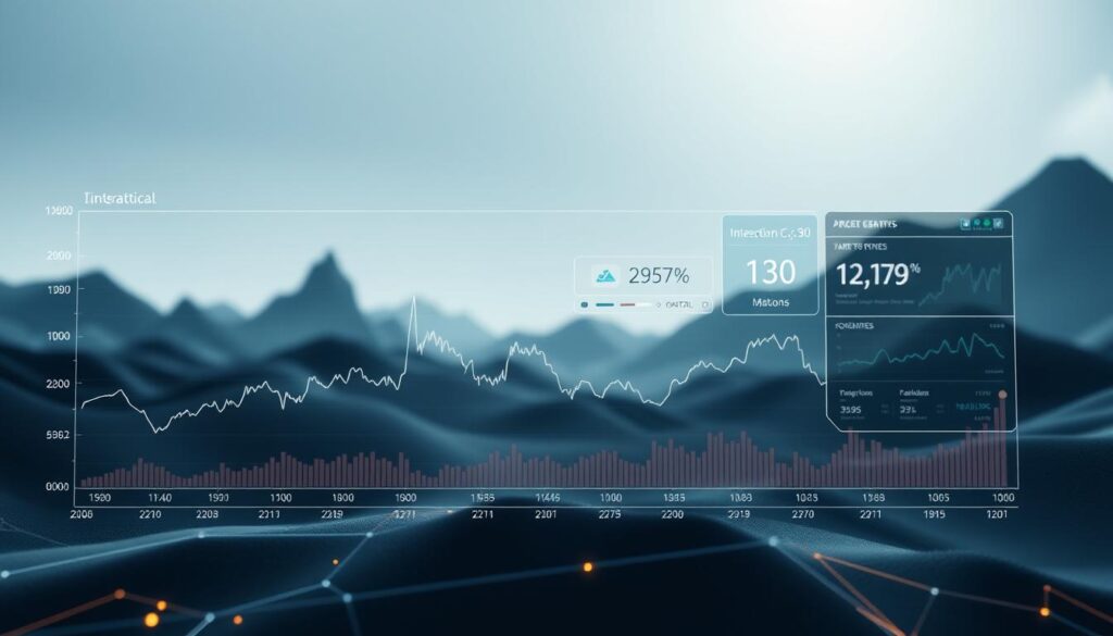 A detailed historical analysis of the crypto trading market, captured through a data-driven visualization. In the foreground, a comprehensive line graph depicting the fluctuations of key cryptocurrency prices over time, presented in a clean, minimalist style. The middle ground features interactive charts and indicators, providing insights into trading volumes, market capitalization, and other crucial metrics. In the background, a sleek, futuristic landscape with abstract geometric patterns, hinting at the technological advancements that power the crypto ecosystem. The lighting is soft and diffused, creating a sense of depth and highlighting the data-centric focus. The overall mood is one of analytical clarity and informed decision-making, perfectly suited to illustrate the "Understanding the Crypto Trading Market" section.