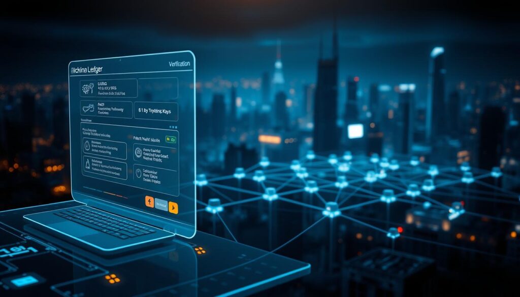 A detailed, holographic visualization of a blockchain ledger verification process. In the foreground, a sleek, translucent interface displays cryptographic keys, transaction details, and node status indicators. The middle ground features a dynamic 3D model of a distributed network, nodes communicating via glowing data streams. In the background, a moody, neon-lit cityscape provides a futuristic backdrop, hinting at the global scale of the blockchain ecosystem. Dramatic lighting from multiple angles accentuates the technological complexity and secure nature of the verification process. The overall scene conveys a sense of precision, transparency, and the power of decentralized, trustless record-keeping.
