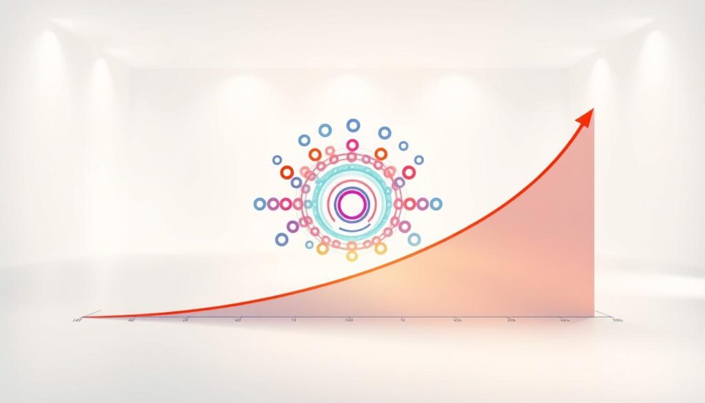 A detailed illustration of compound interest growth over time, with a vibrant, dynamic visual metaphor. In the foreground, a stylized graph or chart depicting an exponential curve, representing the compounding effect. In the middle ground, a visual motif of stacked or overlapping geometric shapes (circles, rectangles, etc.) expanding outwards, symbolizing the compounding process. In the background, a clean, minimalist environment with soft lighting and gradients, creating a sense of depth and emphasizing the mathematical elegance of the compounding concept. The overall tone should be informative, visually striking, and evocative of the financial principles being conveyed.