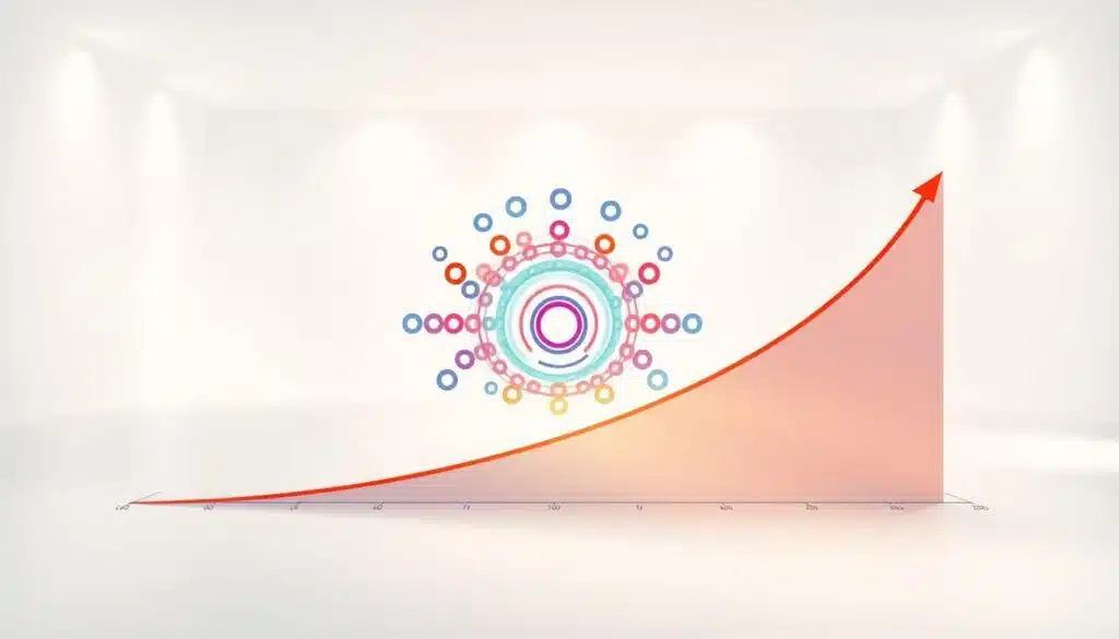 A detailed illustration of compound interest growth over time, with a vibrant, dynamic visual metaphor. In the foreground, a stylized graph or chart depicting an exponential curve, representing the compounding effect. In the middle ground, a visual motif of stacked or overlapping geometric shapes (circles, rectangles, etc.) expanding outwards, symbolizing the compounding process. In the background, a clean, minimalist environment with soft lighting and gradients, creating a sense of depth and emphasizing the mathematical elegance of the compounding concept. The overall tone should be informative, visually striking, and evocative of the financial principles being conveyed.