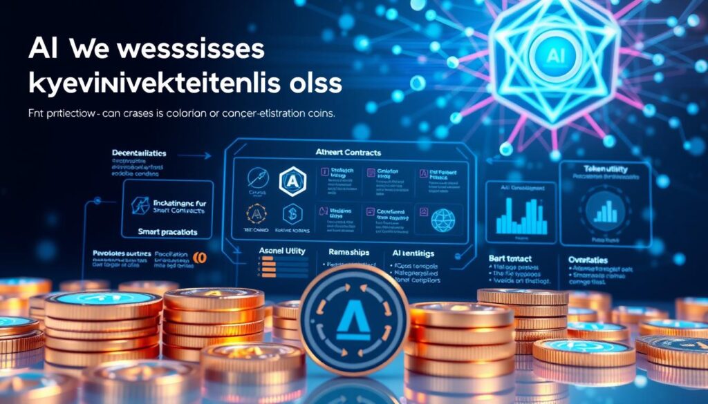 A detailed infographic showcasing the key use cases for evaluating AI cryptocurrency coins. In the foreground, an array of innovative crypto applications are displayed, such as decentralized finance, smart contracts, and AI-powered trading bots. The middle ground features a sleek, futuristic interface highlighting technical details like token utility, ecosystem partnerships, and developer roadmaps. In the background, a dynamic network of nodes and blockchain visualizations creates an immersive, tech-savvy atmosphere. Illuminated by cool, futuristic lighting and rendered with a clean, minimalist aesthetic, the image conveys the analytical rigor and cutting-edge technology required to assess the viability of next-generation AI-driven crypto projects.