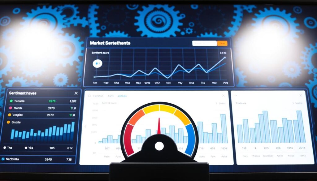 A detailed market analysis dashboard showcasing comprehensive crypto sentiment evaluation. Sleek and modern interface with dynamic charts, graphs, and visualizations. Foreground displays a central sentiment meter with a needle pointing to a current sentiment score. Middle ground features a timeline graph charting sentiment trends over time. Background shows an abstract pattern of interlocking cog-like shapes in shades of blue, hinting at the complex algorithms powering the sentiment analysis. Bright, even lighting illuminates the scene, creating a professional, trustworthy atmosphere. Captured from a slightly elevated, frontal angle to convey an authoritative, data-driven perspective.