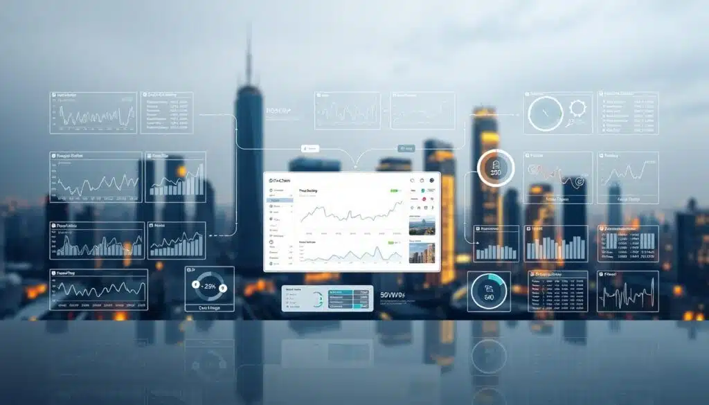 A detailed on-chain analysis diagram presented in a sleek, modern style. The foreground features various blockchain data visualizations such as transaction graphs, price charts, and network activity metrics, all rendered in a clean, minimalist aesthetic. The middle ground showcases a central dashboard displaying key on-chain insights, surrounded by smaller analytical modules. The background depicts a subtle, futuristic cityscape with glowing skyscrapers, conveying the technological sophistication of on-chain analytics. Lighting is soft and diffused, creating an aura of professionalism and authority. The overall mood is one of data-driven clarity and financial sophistication.