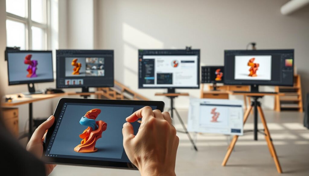 A detailed step-by-step process of creating an NFT art collection. In the foreground, an artist's hands digitally sculpting a vibrant, abstract 3D figure on a tablet. In the middle ground, various tools and software windows open, showcasing the different stages of the NFT creation workflow - from 3D modeling to minting the final artwork on the blockchain. In the background, a serene, minimalist studio setting with natural lighting filtering in, creating a sense of focus and creativity. The overall mood is one of thoughtful, technical precision combined with artistic expression, reflecting the intricate process of bringing digital art to life as an NFT.