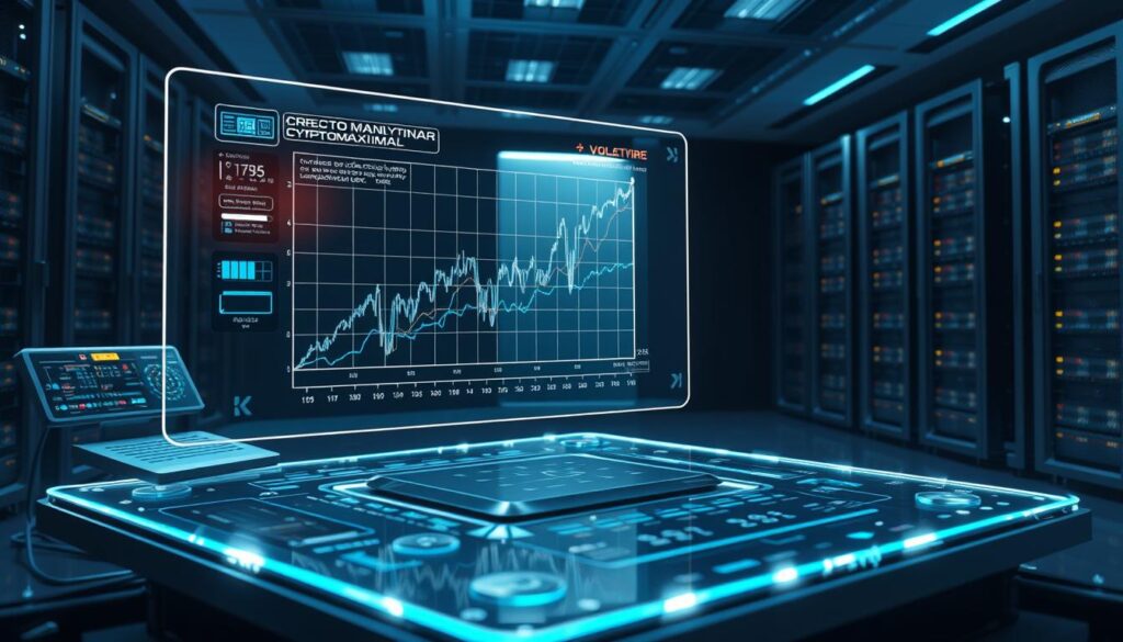 A detailed three-dimensional visualization of an advanced machine learning system analyzing cryptocurrency market data. In the foreground, a large holographic display showcases a complex graph depicting crypto price volatility trends. Futuristic user interface elements and control panels surround the display, hinting at the sophisticated algorithms powering the predictive analytics. The middle ground features a sleek, silver CRYPTOMAXIMAL server rack, radiating an aura of technological sophistication. In the background, a dimly lit data center with rows of high-performance computing hardware creates an atmosphere of analytical prowess. Dramatic lighting and cool, metallic tones evoke a sense of cutting-edge innovation applied to the challenge of forecasting the volatile crypto markets.
