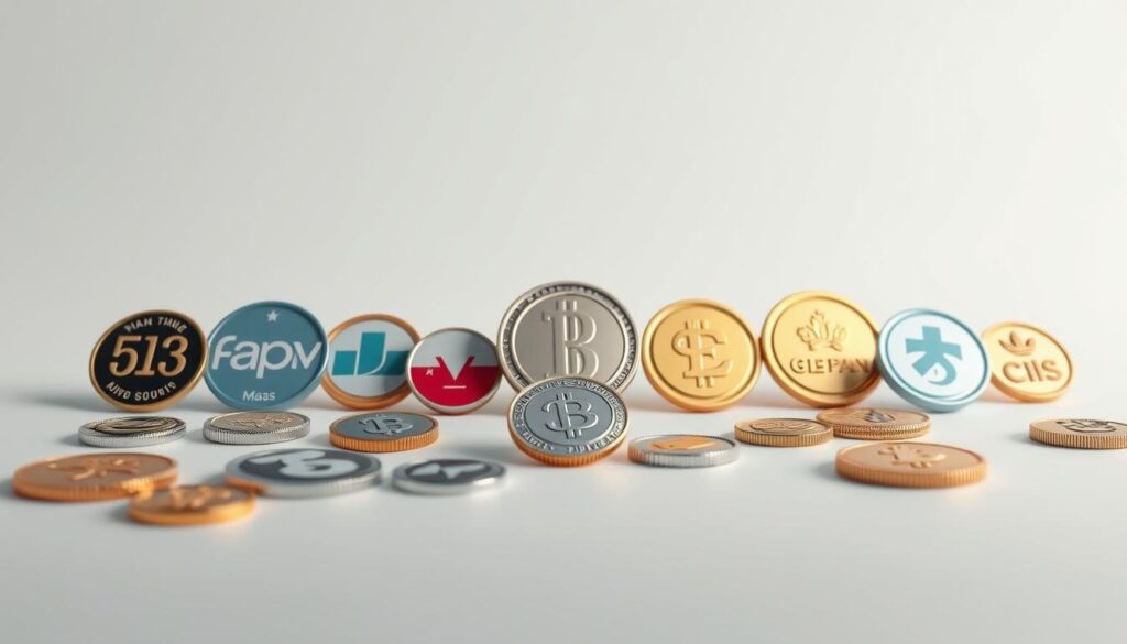 A detailed view of various tokenized loyalty rewards program examples, showcased on a sleek, minimalist background. In the foreground, an array of different token designs and symbols representing various real-world loyalty programs, rendered in a clean, modern style with attention to texture and materiality. The middle ground features a soft, diffused lighting that creates a sense of depth and highlights the intricate details of the tokens. The background is a simple, neutral color that allows the tokens to take center stage, creating a balanced and visually striking composition. The overall mood is one of elegance, innovation, and the potential of tokenized loyalty programs.