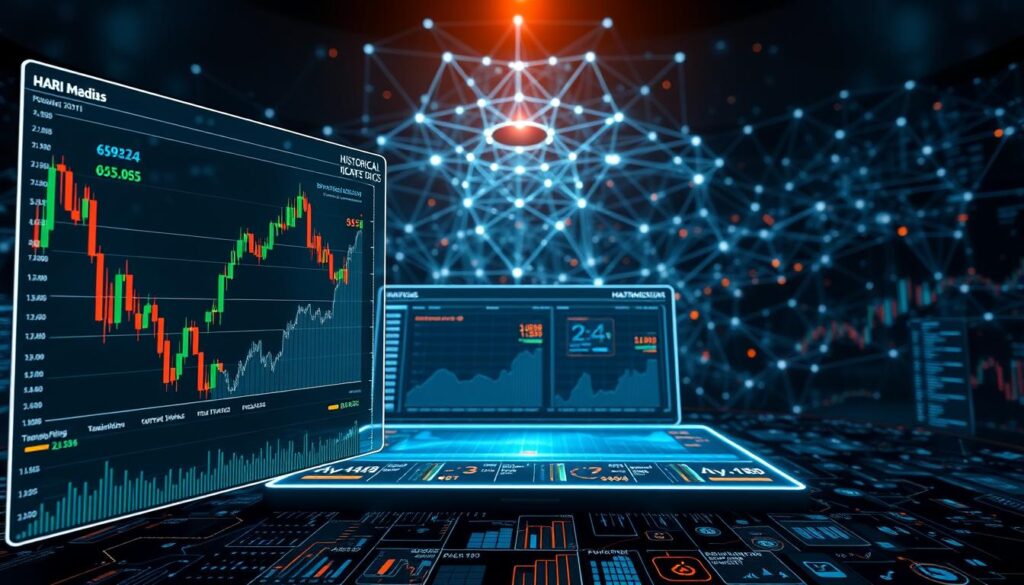 A detailed visualization of historical cryptocurrency trading data and social media metrics. In the foreground, a holographic display showcases candlestick charts, transaction volumes, and sentiment analysis. The middle ground features a sleek, futuristic dashboard with interactive data visualizations. In the background, a network of interconnected nodes and data streams creates a dynamic, information-rich environment. Dramatic lighting casts an atmospheric glow, emphasizing the importance and complexity of the data. The overall scene conveys a sense of technological sophistication and data-driven insights essential for understanding the cryptocurrency market.