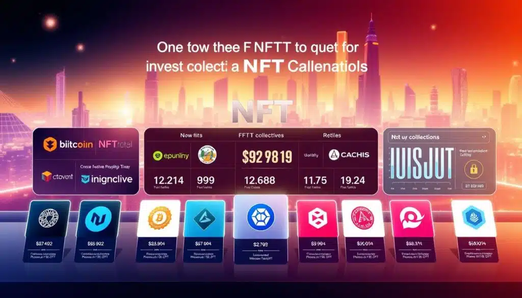 A detailed, visually striking illustration of the most profitable NFT collections to invest in today. In the foreground, a vibrant, dynamic display of 5-7 of the top NFT projects, each with its distinct visual style and branding. The middle ground showcases the logos, prices, and key statistics of these collections, presented in a sleek, infographic-style layout. In the background, a futuristic, neon-tinged cityscape or abstract digital landscape, hinting at the cutting-edge technology and innovation driving the NFT market. The scene is bathed in a warm, ethereal light, creating an atmosphere of excitement and potential. The overall composition is clean, well-balanced, and designed to grab the viewer's attention and convey the high-value investment opportunities present in the NFT space.