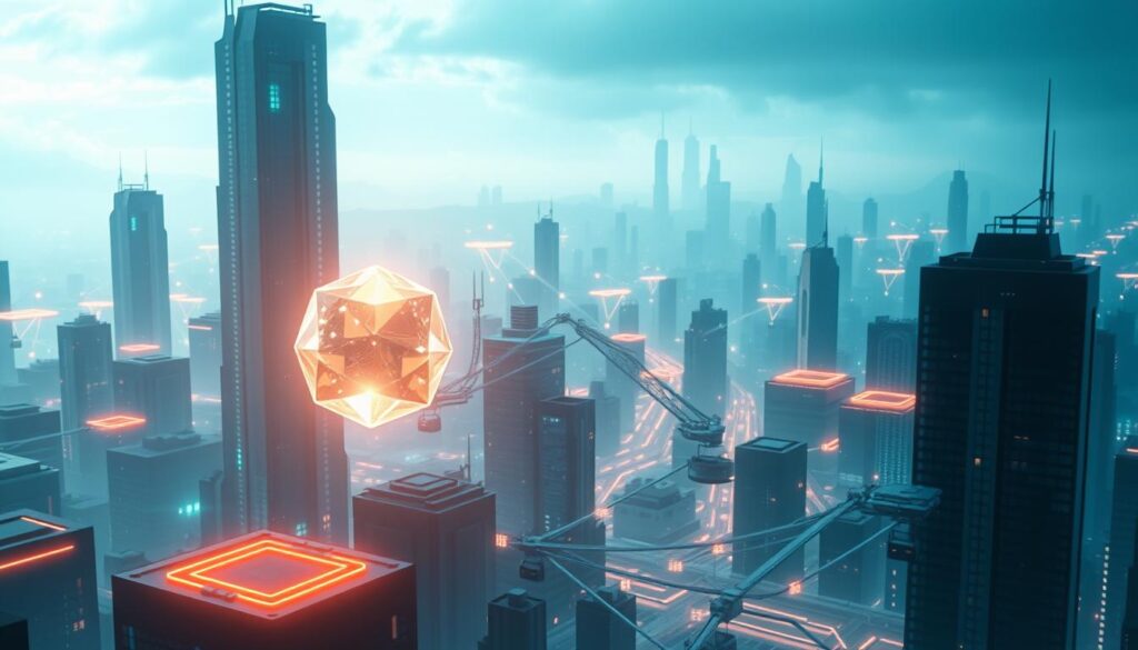 A digital cityscape with towering blockchain blocks and interlocking crypto tokens. The foreground features a floating, faceted gem-like NFT, glowing with an ethereal light. In the middle ground, abstracted data streams flow through a network of polygonal structures, illuminated by a futuristic color palette. The background depicts a hazy, dreamlike skyline of skyscrapers and floating platforms, hinting at the boundless possibilities of the blockchain ecosystem. The scene is bathed in a cool, technological ambiance, with dramatic shadows and highlights evoking a sense of dynamism and innovation.