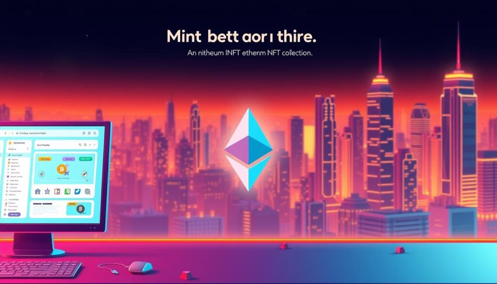A digital illustration of the step-by-step process of minting an Ethereum NFT collection. The foreground depicts a user's computer screen showing the various UI elements involved, such as a crypto wallet, NFT marketplace, and minting interface. The middle ground features a 3D model of an Ethereum blockchain node, symbolizing the underlying network infrastructure. The background showcases a futuristic cityscape with glowing skyscrapers, representing the broader Ethereum ecosystem. The scene is bathed in a warm, neon-infused lighting, creating a vibrant, technologically-advanced atmosphere. The overall composition conveys the seamless integration of user interaction and blockchain technology in the NFT minting workflow.