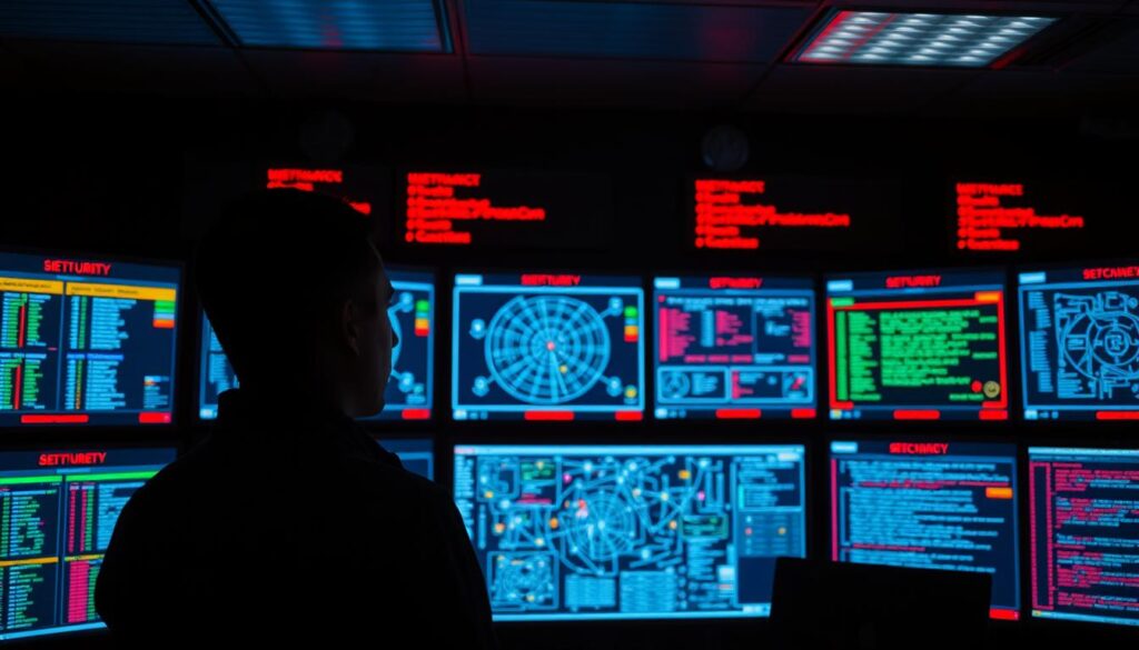 A dimly lit cybersecurity control room, with multiple screens displaying real-time threat data and warning indicators. In the foreground, a lone security analyst intently monitors the systems, their face illuminated by the glow of the screens. The middle ground features complex network diagrams, firewall configurations, and lines of code - the intricate infrastructure underlying modern crypto platforms. In the background, ominous red alerts flash, signaling potential breaches or attacks. The atmosphere is tense, with a sense of urgency and the need for vigilance to protect against the ever-evolving security risks in the world of cryptocurrency staking.