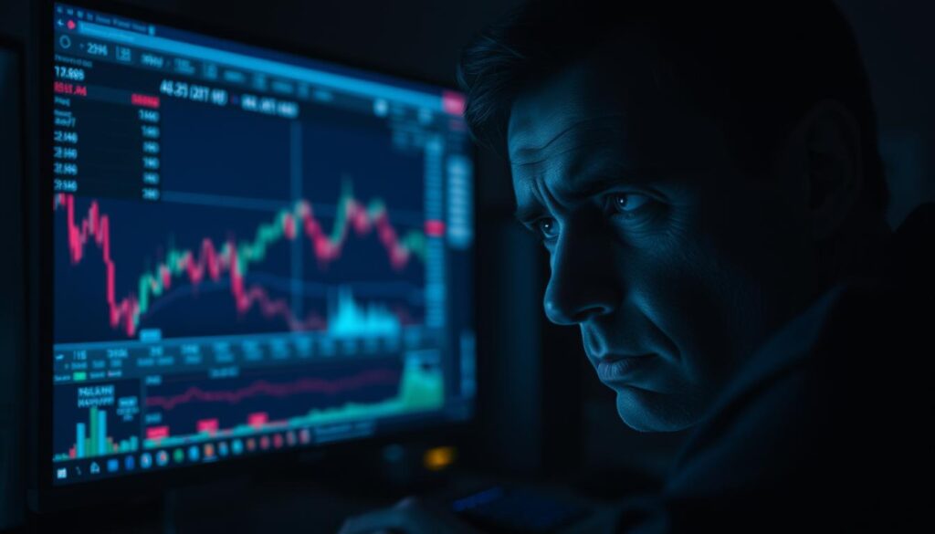 A dimly lit trading desk, with a computer screen displaying fluctuating cryptocurrency charts and data feeds. In the foreground, a concerned trader's face is illuminated by the blue glow, their expression cautious and wary. The background is shrouded in shadows, evoking a sense of uncertainty and risk. The scene is shot with a cinematic, low-angle lens, creating a sense of tension and unease. The mood is one of cautious contemplation, as the trader navigates the complex and volatile world of AI-powered cryptocurrency trading.
