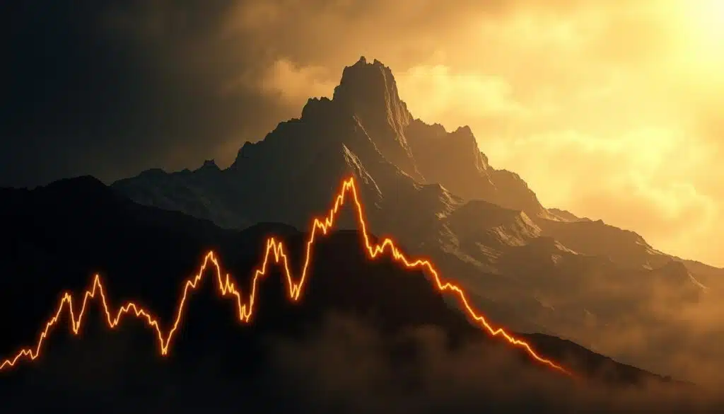 A dramatic, data-driven landscape depicting the ebb and flow of market sentiment. In the foreground, a jagged, glowing line graph charts the volatile "Fear and Greed Index" - an emotional barometer for the crypto markets. Looming behind, a towering mountain range of cascading dollar bills and bitcoin symbols, casting an ominous shadow over the scene. Harsh, dramatic lighting casts the graph in an intense, almost foreboding glow, while a deep, hazy atmosphere evokes the tension and uncertainty of the crypto landscape. The overall mood is one of apprehension and unease, mirroring the complex dynamics of market sentiment.