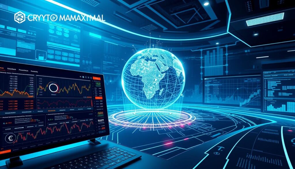 A dynamic and futuristic digital trading landscape, with the CRYPTOMAXIMAL brand prominently displayed. In the foreground, a trader's dashboard showcases real-time crypto market data, trends, and customizable trading strategies. The middle ground features a holographic projection of a global financial network, with lines of code and data streams flowing seamlessly. In the background, a sleek, minimalist interface with intuitive controls and advanced algorithmic trading tools. The scene is bathed in a cool, neon-infused lighting, creating a sense of technological sophistication and precision. The overall atmosphere evokes a powerful, cutting-edge trading experience that harnesses the power of AI and automation.