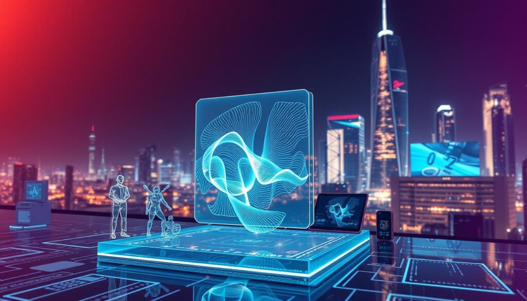 A dynamic and visually captivating AR digital collectible landscape in the year 2025. The foreground features a holographic display showcasing a meticulously detailed 3D model of a futuristic digital artwork, its intricate lines and colors shifting and shimmering. In the middle ground, various AR-enabled platforms and devices are seamlessly integrated, allowing users to interact with and showcase their prized digital collectibles. The background depicts a sleek, minimalist city skyline, its buildings adorned with holographic projections and shimmering lights, creating an immersive and technologically advanced atmosphere. The scene is illuminated by a warm, ambient lighting that accentuates the ethereal and futuristic feel, transporting the viewer into a world where digital art and collectibles are at the forefront of the cultural landscape.