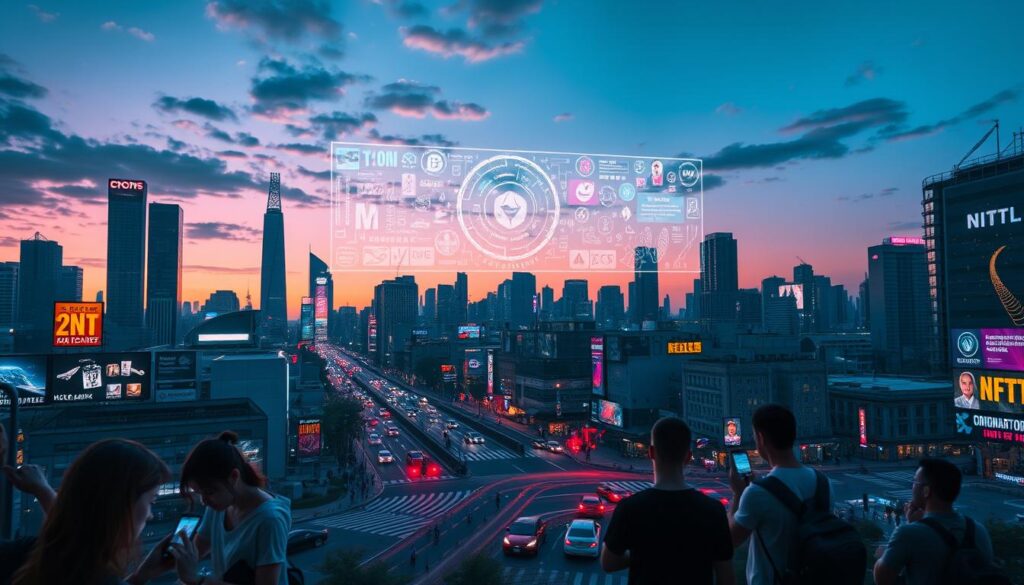 A dynamic cityscape at dusk, the skyline punctuated by towering skyscrapers and neon-lit billboards. In the foreground, a group of individuals interacting with their smartphones, their faces illuminated by the glow of digital displays. The middle ground features a bustling intersection, with autonomous vehicles navigating the roads and pedestrians seamlessly connected through a mesh of virtual interfaces. In the background, a massive holographic projection dominates the skyline, showcasing a vibrant, ever-evolving NFT gallery that reflects the seamless integration of digital loyalty rewards into the urban fabric. The overall scene conveys a sense of technological advancement, immersive digital experiences, and the blending of physical and virtual realms, exemplifying the evolution of traditional loyalty programs into an NFT-powered, next-generation customer engagement model.