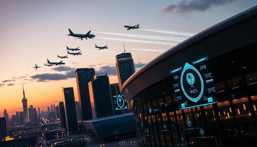 A dynamic cityscape at dusk, with a sleek, futuristic-looking airline terminal in the foreground, its facade adorned with a holographic, tokenized loyalty program interface. In the middle ground, a fleet of modern aircraft takes flight, their contrails forming a geometric pattern in the sky. The background is a panoramic view of a bustling, technologically-advanced metropolis, its skyscrapers and infrastructure illuminated by a warm, golden light. The scene conveys a sense of innovation, efficiency, and the seamless integration of technology into the airline industry's customer experience.