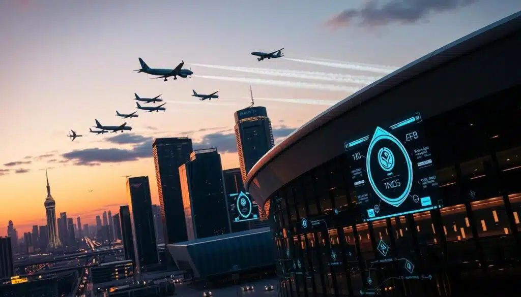 A dynamic cityscape at dusk, with a sleek, futuristic-looking airline terminal in the foreground, its facade adorned with a holographic, tokenized loyalty program interface. In the middle ground, a fleet of modern aircraft takes flight, their contrails forming a geometric pattern in the sky. The background is a panoramic view of a bustling, technologically-advanced metropolis, its skyscrapers and infrastructure illuminated by a warm, golden light. The scene conveys a sense of innovation, efficiency, and the seamless integration of technology into the airline industry's customer experience. A dynamic cityscape at dusk, with a sleek, futuristic-looking airline terminal in the foreground, its facade adorned with a holographic, tokenized loyalty program interface. In the middle ground, a fleet of modern aircraft takes flight, their contrails forming a geometric pattern in the sky. The background is a panoramic view of a bustling, technologically-advanced metropolis, its skyscrapers and infrastructure illuminated by a warm, golden light. The scene conveys a sense of innovation, efficiency, and the seamless integration of technology into the airline industry's customer experience.