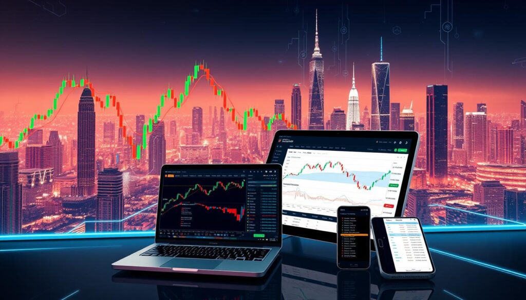 A dynamic cryptocurrency trading interface, with a sleek and professional aesthetic. The foreground features a large candlestick chart, displaying the real-time price action of a popular digital asset. Overlaid on the chart are technical indicators like moving averages and Fibonacci retracement levels, providing insights into the market's trends and potential support/resistance zones. In the middle ground, a laptop displays detailed trading data, while a mobile device shows live order book activity. The background showcases a futuristic cityscape, with skyscrapers and digital infrastructure, representing the cutting-edge technology powering the cryptocurrency ecosystem. The overall mood is one of precision, analysis, and the thrill of navigating the volatile digital currency markets.