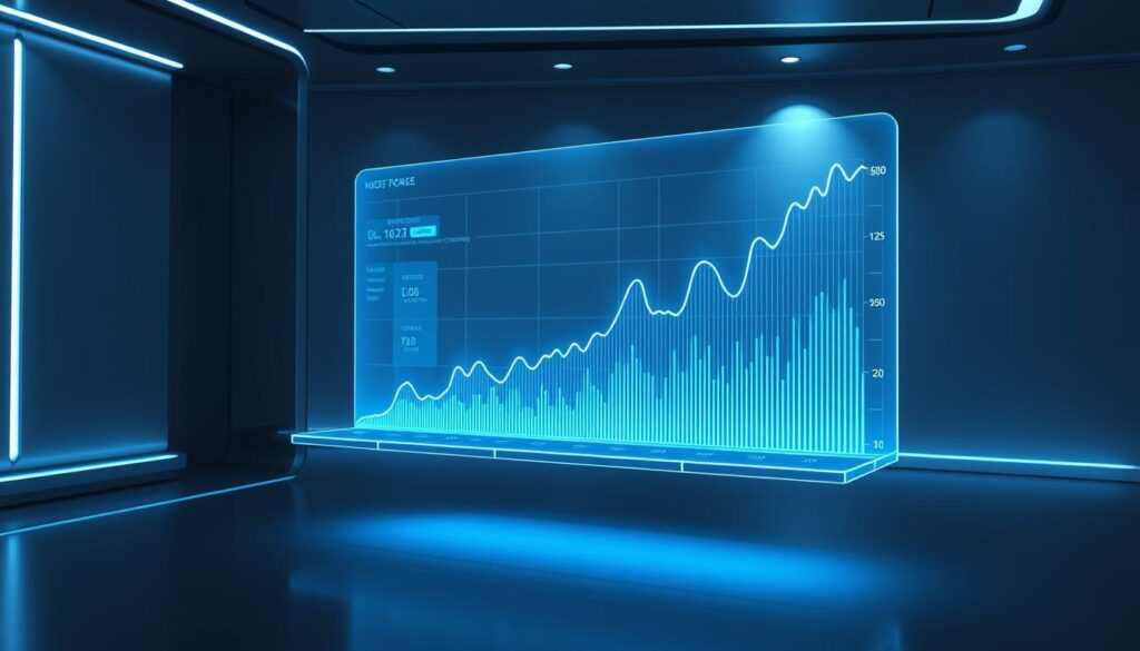 A dynamic, data-driven visualization of blockchain trading growth. A transparent, holographic chart hovers in a minimalist, futuristic environment, showcasing the steady rise of cryptocurrency transactions over time. Sleek, metallic accents and a subtle blue-hued lighting create a sophisticated, high-tech atmosphere. The chart's lines and curves are elegantly rendered, reflecting the ebb and flow of the digital asset market. The overall scene conveys a sense of progress, innovation, and the transformative power of blockchain technology.