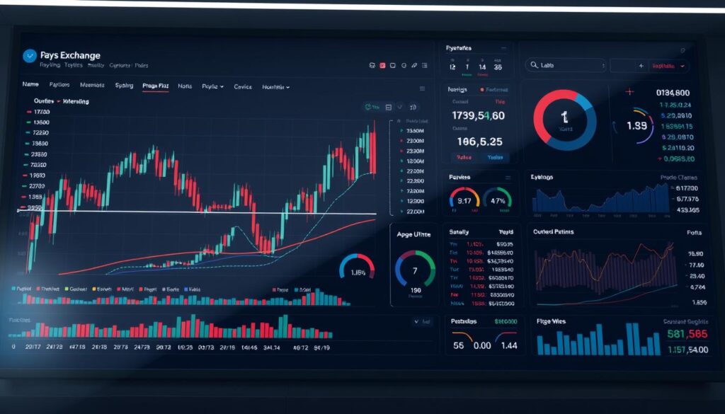 A dynamic data visualization dashboard showcasing real-time cryptocurrency exchange analytics. In the foreground, a large interactive chart displays candlestick patterns, trading volumes, and price fluctuations across multiple virtual currencies. The middle ground features a series of gauges, indicators, and statistical metrics providing actionable trading insights. In the background, a sleek, minimalist interface with a dark color scheme conveys a sense of technological sophistication. Soft, directional lighting illuminates the dashboard, creating depth and emphasizing the data points. The overall scene evokes a high-tech control center where traders can make informed, split-second decisions.