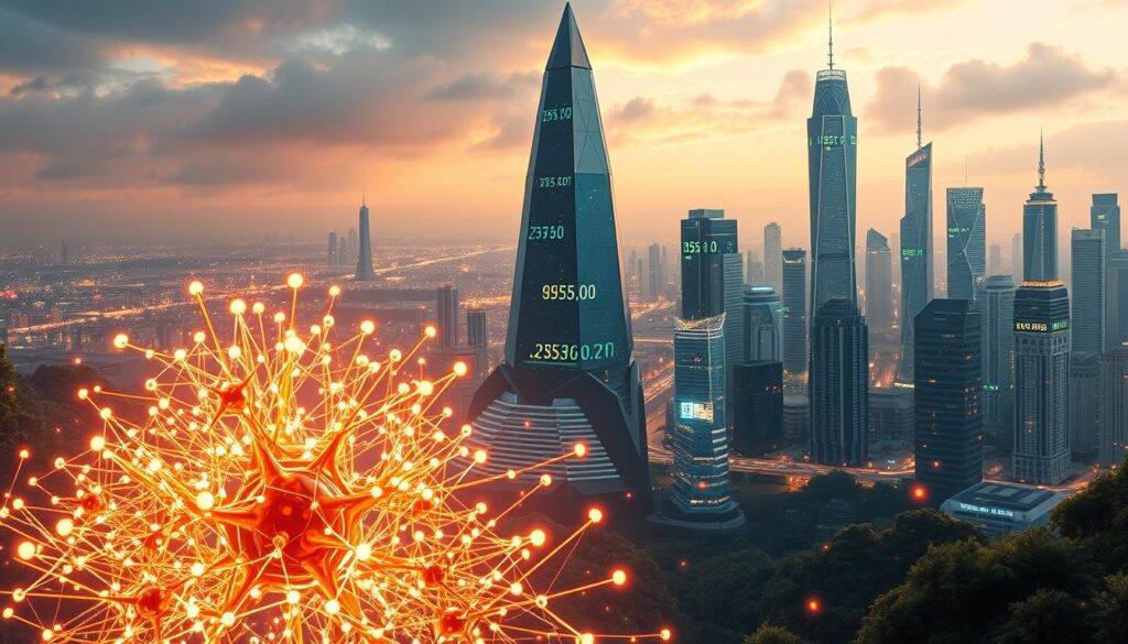 A dynamic evolution of AI crypto, encapsulated in a captivating digital landscape. In the foreground, a cluster of interconnected neural networks pulsates with energy, symbolizing the ever-advancing algorithms powering cryptocurrency markets. The middle ground features a towering, faceted blockchain structure, its facets reflecting the multifaceted nature of distributed ledger technology. In the background, a futuristic cityscape emerges, its skyscrapers adorned with holographic displays depicting fluctuating crypto exchange rates. The entire scene is bathed in a warm, ethereal glow, conveying a sense of technological progress and financial innovation. The image should be rendered with a cinematic, hyper-realistic style, capturing the awe-inspiring essence of AI-driven cryptocurrency evolution.