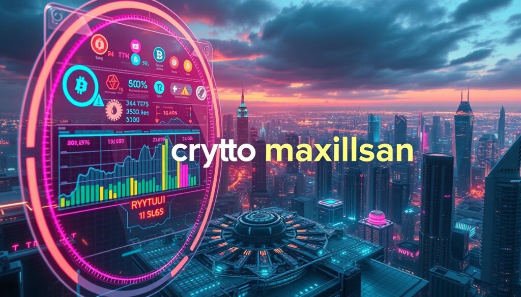 A dynamic, futuristic visualization of an in-depth AI crypto market cap analysis. In the foreground, a sleek, holographic display showcases the latest data and insights, with vibrant cryptocurrency symbols and charts floating in a halo of neon lights. The middle ground features a complex, data-driven model of the crypto market, with various sectors and trends represented as interlocking gears and mechanisms. In the background, a panoramic view of a bustling, high-tech cityscape sets the scene, complete with towering skyscrapers and a network of glowing digital infrastructure. The overall mood is one of technological sophistication and financial innovation, with the "crypto maximal" brand prominently displayed amidst the dynamic visuals.