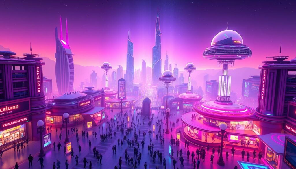 A dynamic metaverse landscape, with a vibrant NFT marketplace at its center. In the foreground, a sprawling virtual plaza bustles with avatar traders, digital art galleries, and interactive virtual real estate displays. The middle ground features futuristic skyscrapers and floating holographic platforms, where exclusive virtual properties are showcased. In the background, a shimmering digital horizon blends seamlessly with an ethereal sky, casting a warm, neon-tinged glow across the scene. Intricate 3D models, realistic textures, and fluid camera angles capture the energy and innovation of this cutting-edge metaverse marketplace.