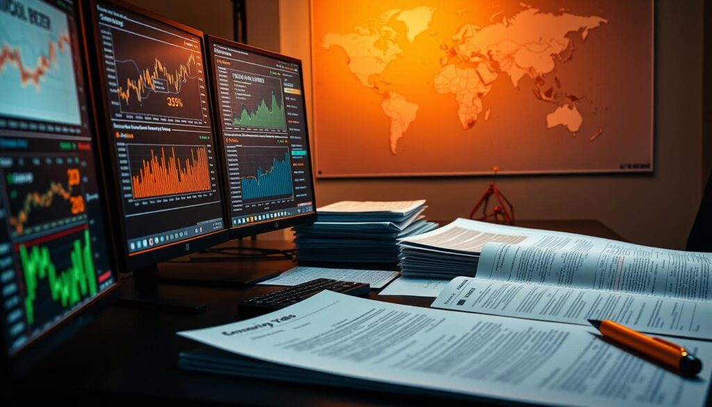 A financial analyst's desk, illuminated by warm, focused lighting. In the foreground, digital screens display detailed charts and graphs, showcasing the key metrics of various cryptocurrency assets. In the middle ground, a stack of financial reports and analysis documents, with highlighters and notes scribbled in the margins. In the background, a world map with pins marking the locations of emerging crypto markets, hinting at the global scope of the analysis. The overall atmosphere conveys a sense of diligent research, complex data interpretation, and the anticipation of identifying the next wave of promising cryptocurrency investments.