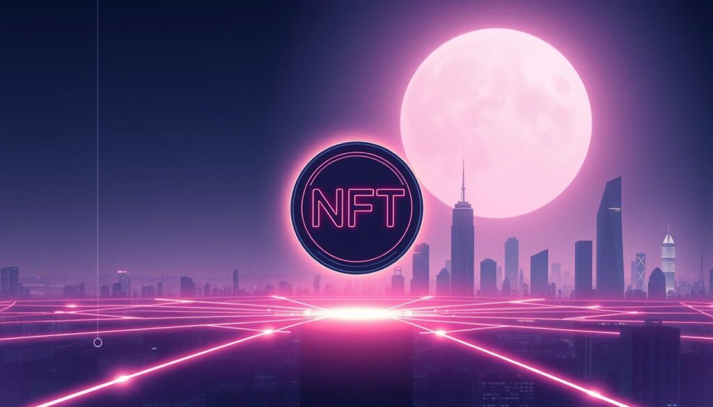 A futuristic and minimalist illustration depicting the concept of "NFT loyalty". In the foreground, a sleek and stylized NFT token hovers against a clean, geometric background. The NFT is the focal point, surrounded by a subtle glow that emanates from its edges. The middle ground features a series of interconnected, glowing lines that represent the network and infrastructure supporting the NFT loyalty program. In the background, a dimly lit cityscape with skyscrapers and futuristic architecture sets the scene, conveying a sense of modernity and innovation. The overall aesthetic is high-tech, elegant, and visually compelling, evoking the idea of a cutting-edge, value-driven loyalty program powered by blockchain technology.
