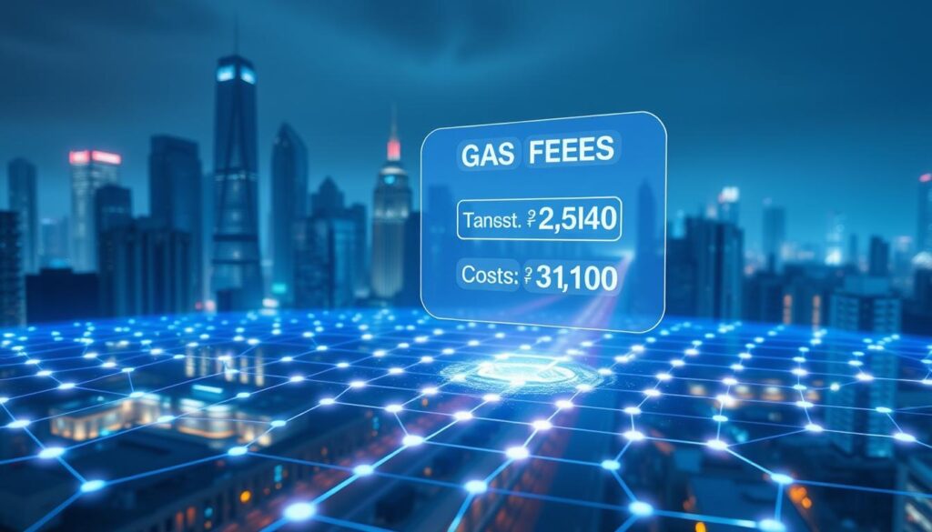 A futuristic cityscape in the background, with skyscrapers and neon-lit streets. In the foreground, a blockchain transaction visualized as a glowing, ethereal hexagonal grid, pulsing with energy. Floating above it, a holographic display showcasing gas fees and transaction costs, rendered in a sleek, minimalist style. The scene is bathed in a cool, blue-hued lighting, creating a sense of technological sophistication and digital elegance. The overall composition evokes the complexities of blockchain technology and the importance of understanding the financial aspects of digital transactions.