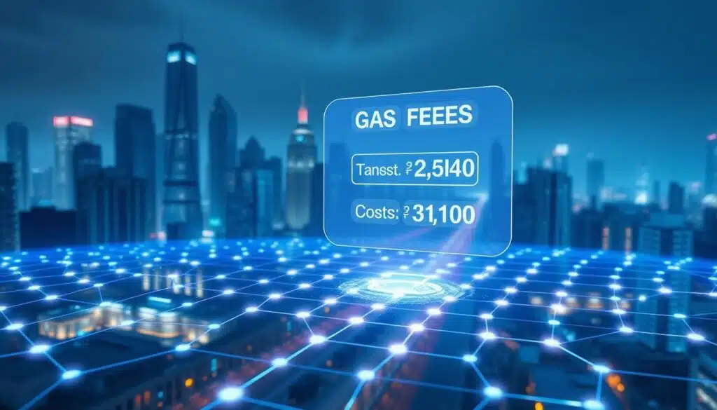 A futuristic cityscape in the background, with skyscrapers and neon-lit streets. In the foreground, a blockchain transaction visualized as a glowing, ethereal hexagonal grid, pulsing with energy. Floating above it, a holographic display showcasing gas fees and transaction costs, rendered in a sleek, minimalist style. The scene is bathed in a cool, blue-hued lighting, creating a sense of technological sophistication and digital elegance. The overall composition evokes the complexities of blockchain technology and the importance of understanding the financial aspects of digital transactions.
