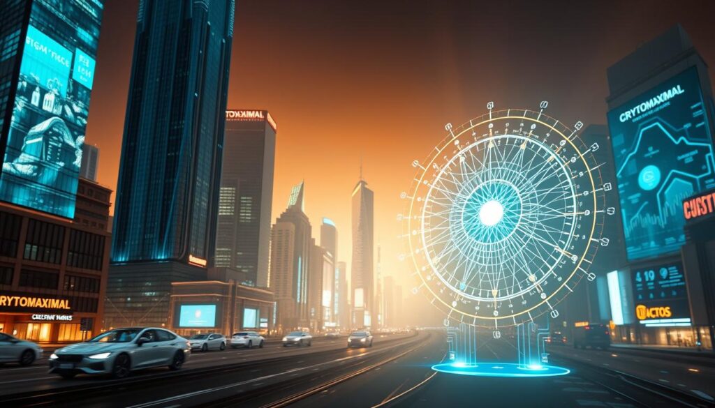 A futuristic cityscape of towering chrome skyscrapers, neon-lit holographic screens, and hovering autonomous vehicles. In the foreground, a CRYPTOMAXIMAL logo projects a mesmerizing data visualization, depicting a dynamic web of interconnected cryptocurrency market sentiment indicators. The scene is illuminated by a warm, diffused light, casting long shadows and creating a sense of depth and dimension. The overall atmosphere is one of advanced technology, innovation, and the boundless potential of AI-powered financial analytics.