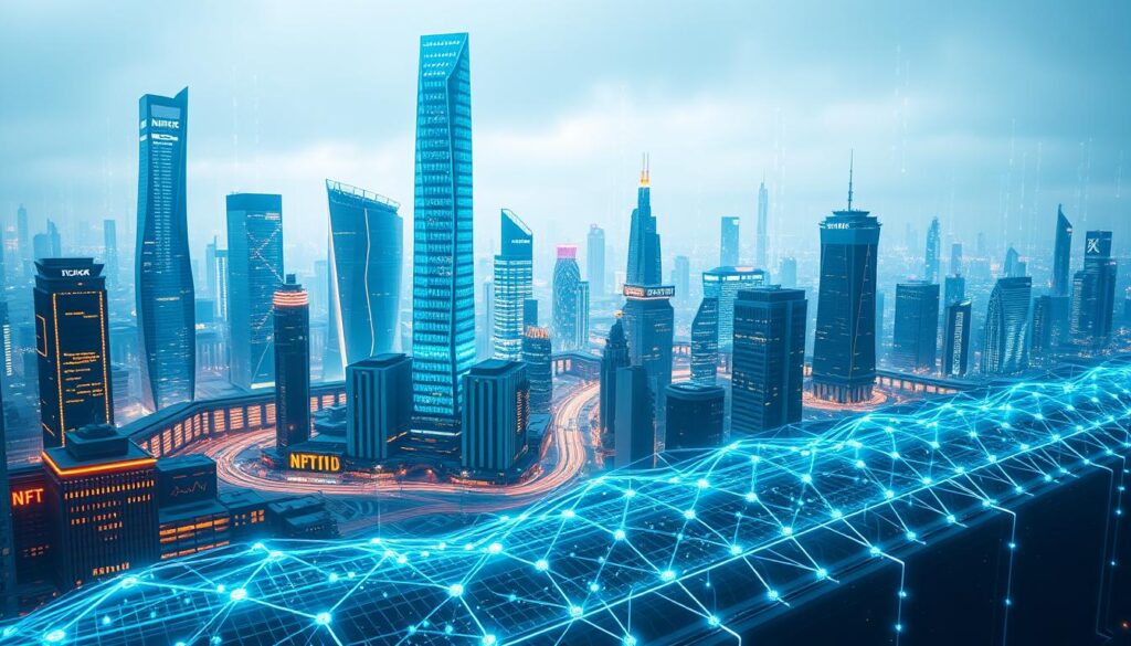 A futuristic cityscape with towering holographic skyscrapers and neon-lit blockchain nodes, glowing data streams cascading through the air. In the foreground, a digital ledger unfurls, its interconnected blocks forming the foundation for an evolving ecosystem of non-fungible tokens. Sleek, minimalist interfaces showcase the latest advancements in NFT trading platforms, while in the background, a vast network of distributed servers hums with the computational energy powering this decentralized revolution. Diffused lighting casts a serene, almost mystical ambiance, underscoring the transformative potential of this technological marvel.