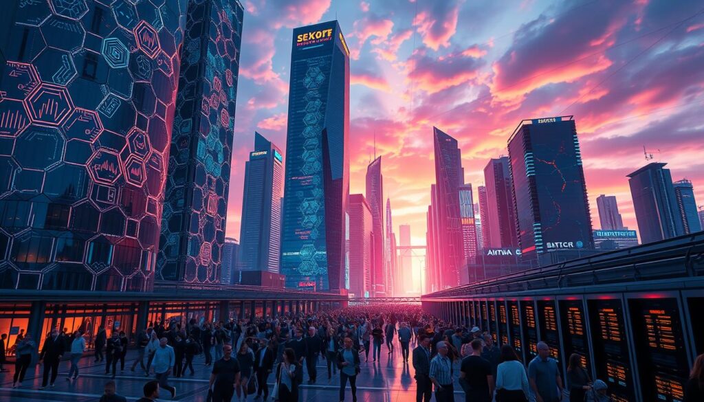 A futuristic cityscape with towering skyscrapers, their facades adorned with blockchain-inspired hexagonal patterns that glimmer under a vibrant, neon-tinted sky. In the foreground, holographic displays showcase intricate blockchain visualizations, their data streams flowing seamlessly between the buildings. The middle ground features a bustling, tech-savvy crowd, their movements reflected in the sleek, mirrored surfaces of the architecture. In the background, a vast network of interconnected servers and data centers form the backbone of this blockchain-powered metropolis, casting a warm, ethereal glow across the scene. The overall atmosphere conveys a sense of innovation, progress, and the boundless potential of blockchain technology.