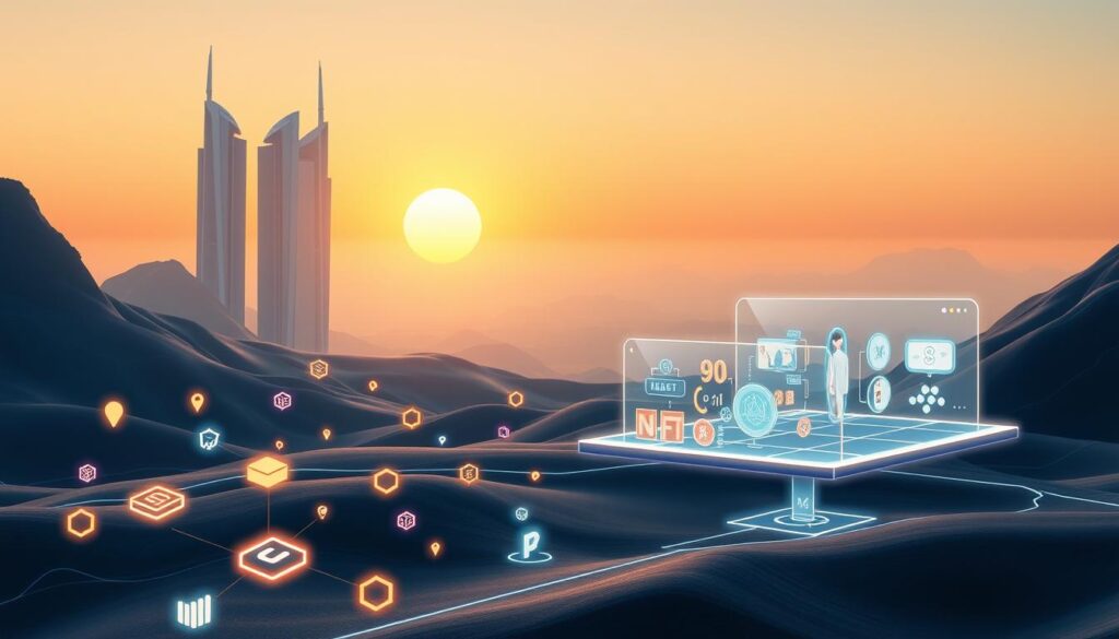 A futuristic, clean-lined landscape showcasing several gas-free NFT platforms. In the foreground, an array of minimalist, brightly-colored blockchain icons and symbols float effortlessly, representing the fee-free transactions. The middle ground features sleek, holographic displays depicting various NFT collections, their details shimmering with a polished, digital sheen. In the background, a vast, serene technological horizon stretches out, with towering, translucent skyscrapers and a glowing, low-angle sun casting a warm, ethereal glow across the scene. The overall atmosphere is one of innovation, efficiency, and a seamless, frictionless NFT ecosystem.