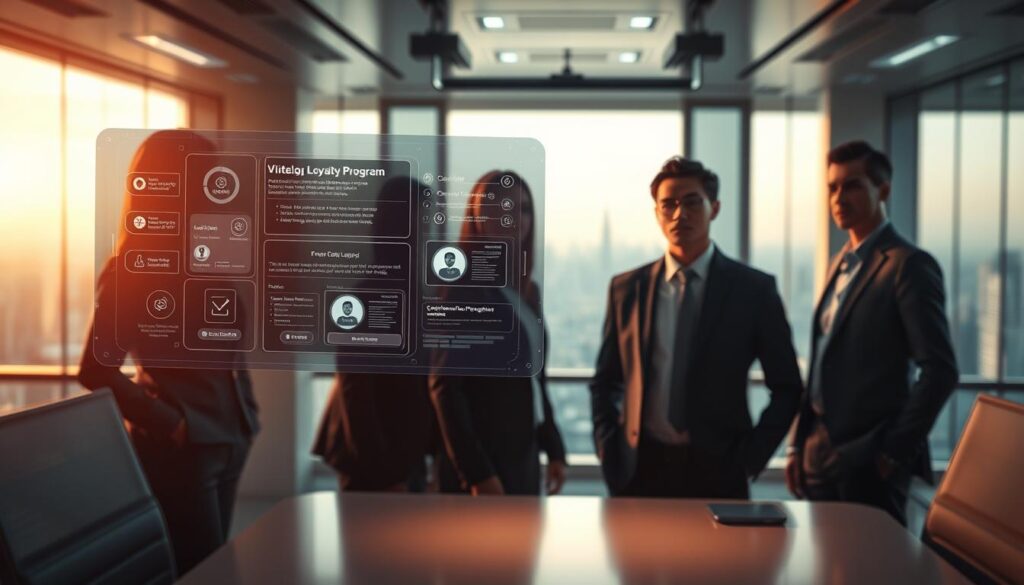 A futuristic corporate office interior, flooded with warm, diffuse lighting. In the foreground, a sleek, transparent display showcases a dynamic loyalty program interface, with digital assets and virtual rewards floating effortlessly. The middle ground features a group of businesspeople, their expressions conveying a sense of ownership and engagement with the program. In the background, a panoramic cityscape stretches out, hinting at the global scale and interconnectivity of the loyalty ecosystem. The scene exudes a sense of innovation, progress, and the seamless integration of blockchain technology into the fabric of modern business.
